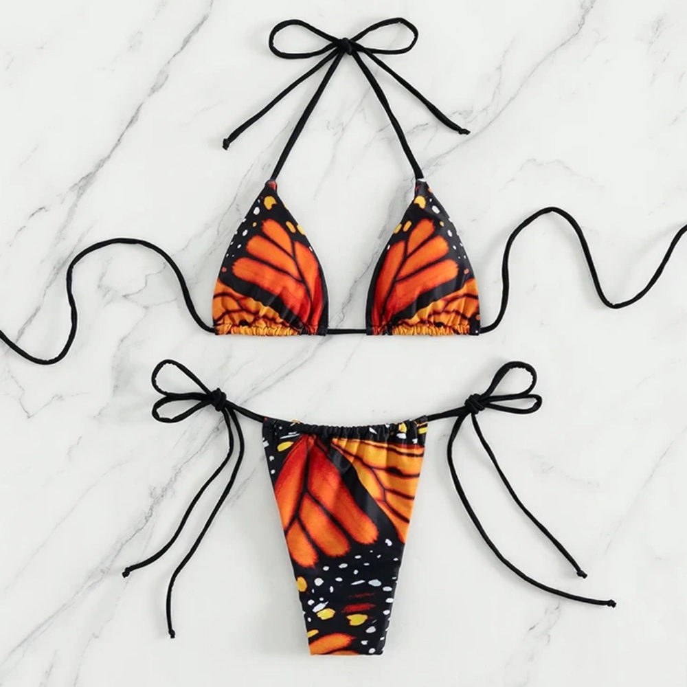 Butterfly Print Bikinis Swimwear Low Waist Thong Triangle Backless Bathing Suits